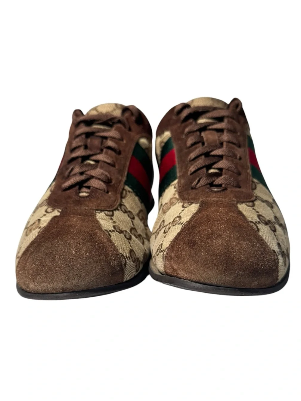 Gucci GG Canvas Web Stripe Sneakers Brown Suede Low Top Shoes Mens 8.5